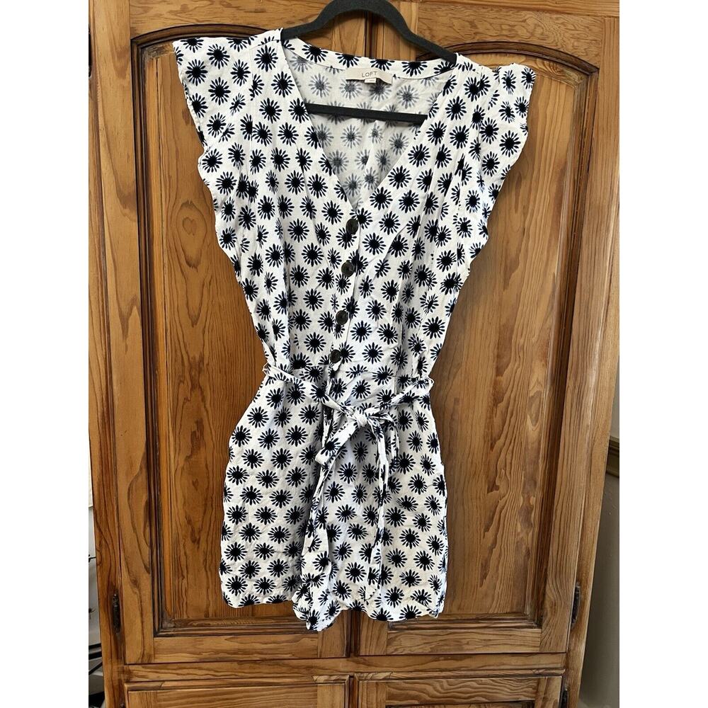 Loft Linen Romper With Pockets And Waist Strap Floral Polka Dot Pattern Sz 12